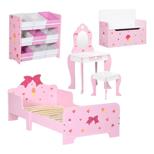 ZONEKIZ 5PCs Kids Bedroom Furniture Set with Bed, a pink princess themed bed, toy box, storage unit, dressing table and stool