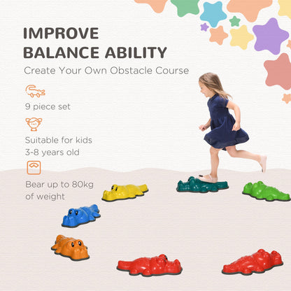 A girl runs across a balance course made of colourful stepping stones