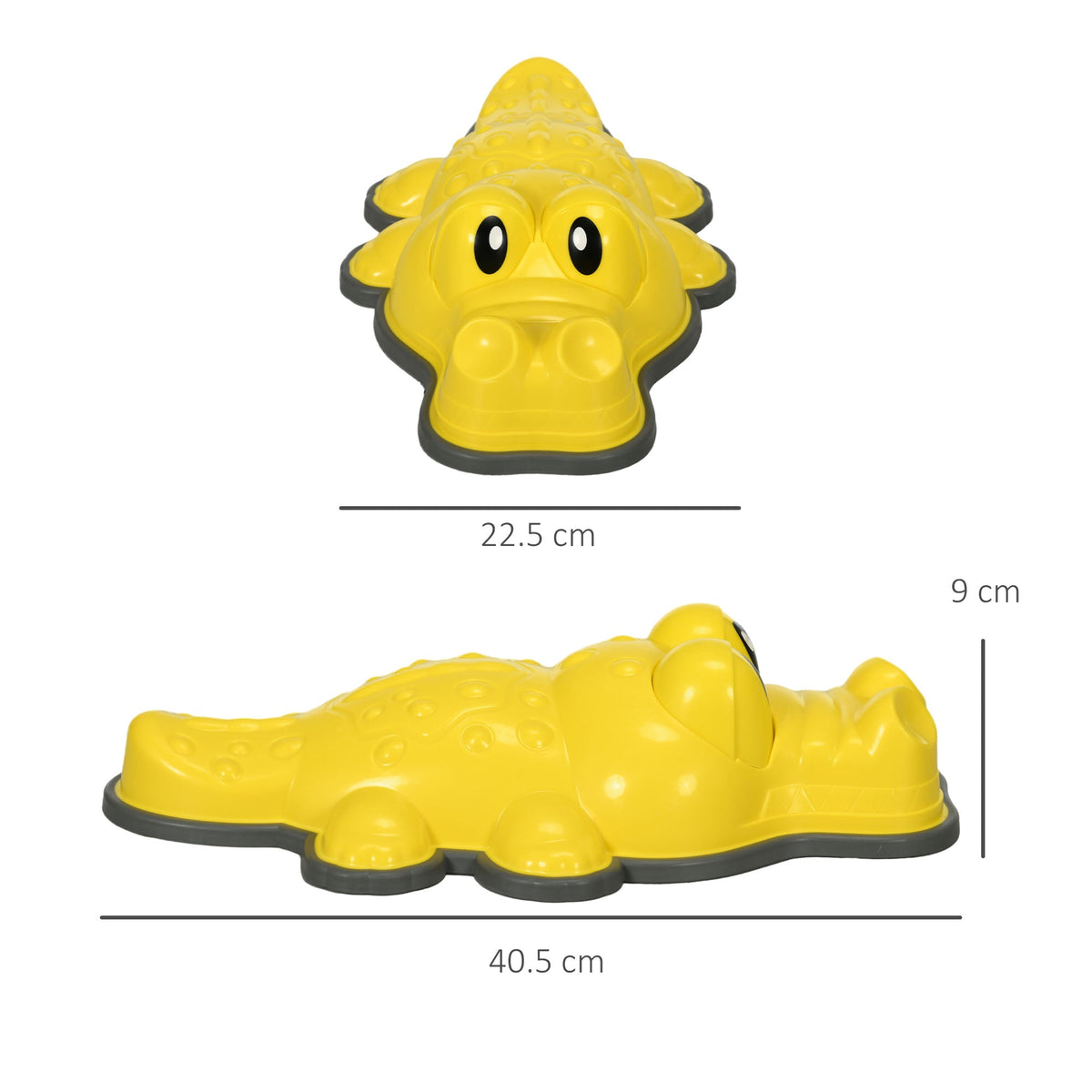 A yellow crocodile stepping stone shown from top and side with dimensions