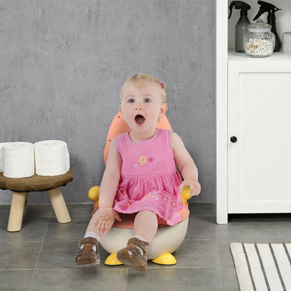 A baby sits on the fox-shaped potty training toilet in a bathroom setting
