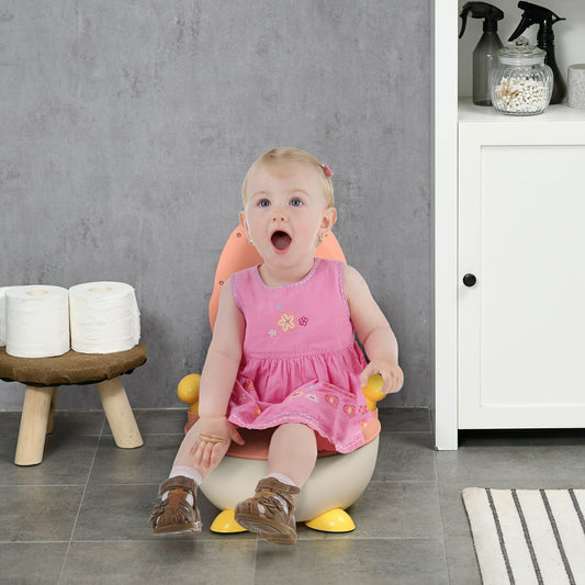 A baby sits on the fox-shaped potty training toilet in a bathroom setting