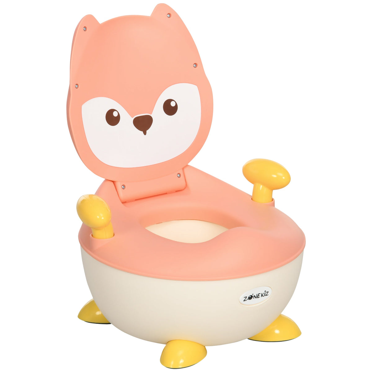 ZONEKIZ Baby Potty Training Toilet with Splash Guard, a pink and cream fox-shaped potty with yellow handles and feet