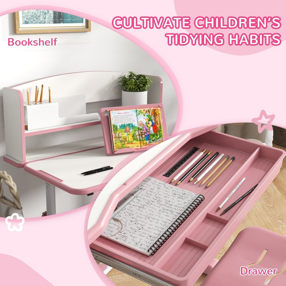 Close up of the pink kids desk drawer and bookshelf