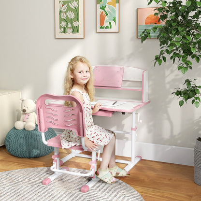 A young girl sits at the pink kids desk and chair set in a bright room