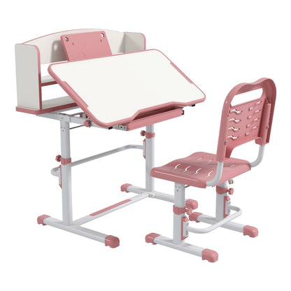 ZONEKIZ Height Adjustable Kids Study Table and Chair Set with drawer and storage shelf in pink