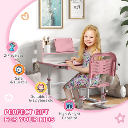 Pink kids study desk and chair set with safety icons and text about suitability and capacity