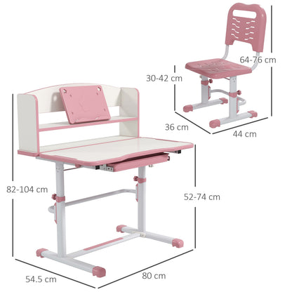 Dimensions diagram for the pink kids study table and chair set