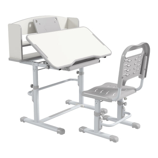 ZONEKIZ Height Adjustable Kids Study Table and Chair Set in grey with a tilted desktop