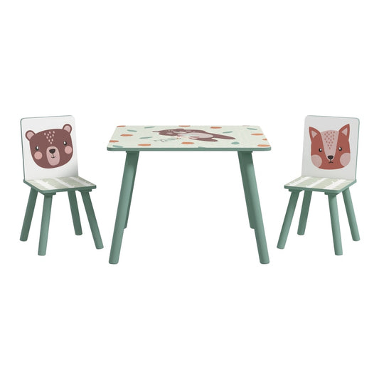 ZONEKIZ Kids and Table Chairs set featuring a green table and two animal themed chairs