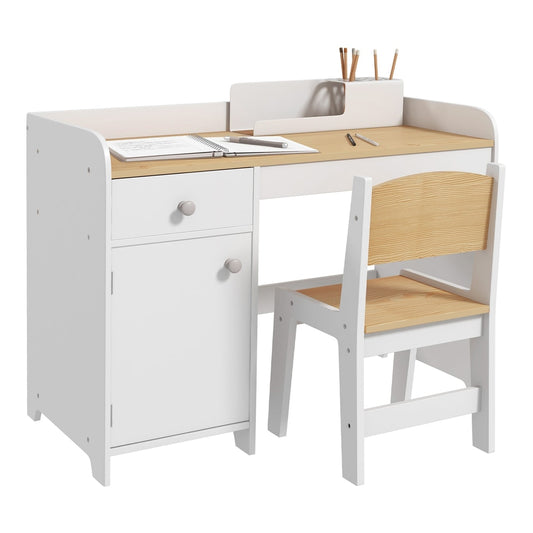 ZONEKIZ Kids Desk and Chair Set with a white frame and natural wood finish surfaces