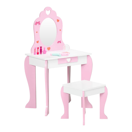 ZONEKIZ Kids Dressing table Set w/ Mirror with a matching stool and small toy accessories