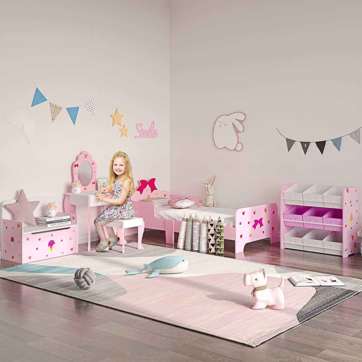 A pink toy storage bench with ice cream decorations in a child's bedroom