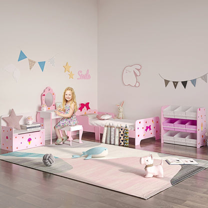 A pink toy storage bench with ice cream decorations in a child's bedroom