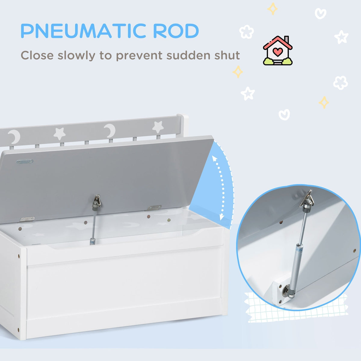 The toy box bench showing the pneumatic rod mechanism for the lid