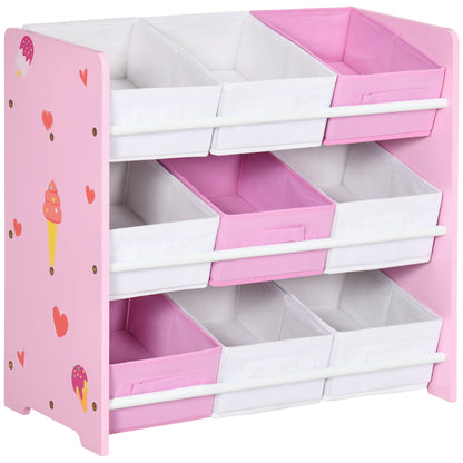 ZONEKIZ Kids Storage Rack with nine removable pink and white baskets on three shelves