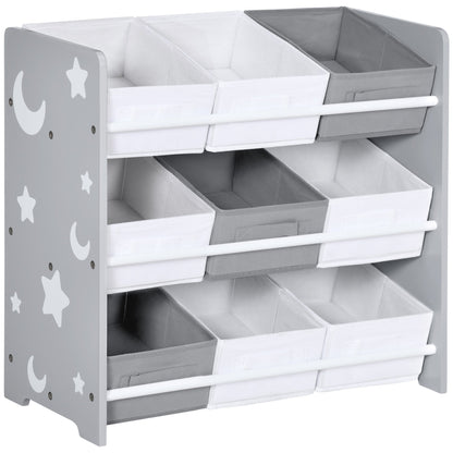 ZONEKIZ Kids Storage Rack, a grey wooden unit with three shelves holding nine fabric baskets
