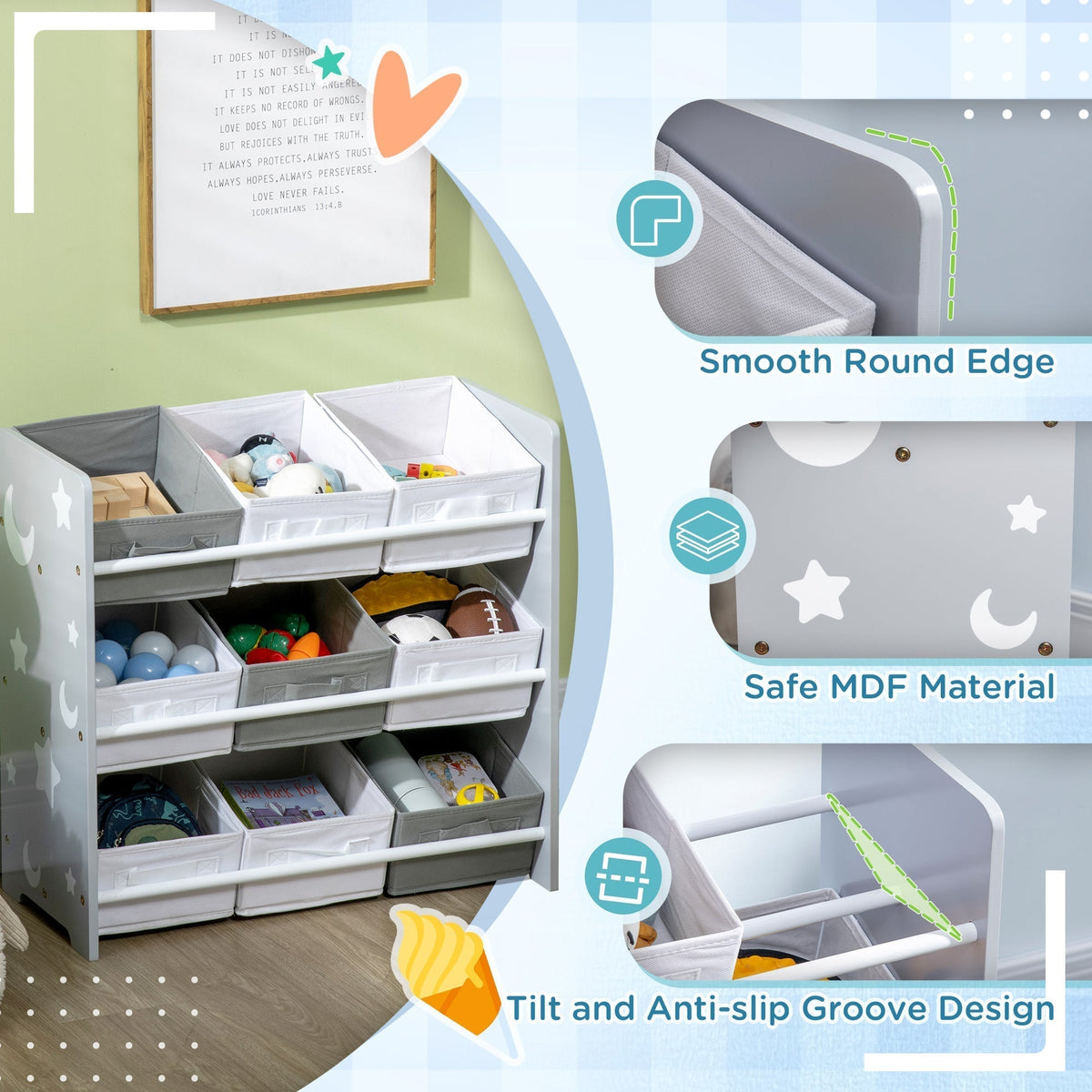 Close-up details of the kids storage unit showing smooth edges and basket grooves
