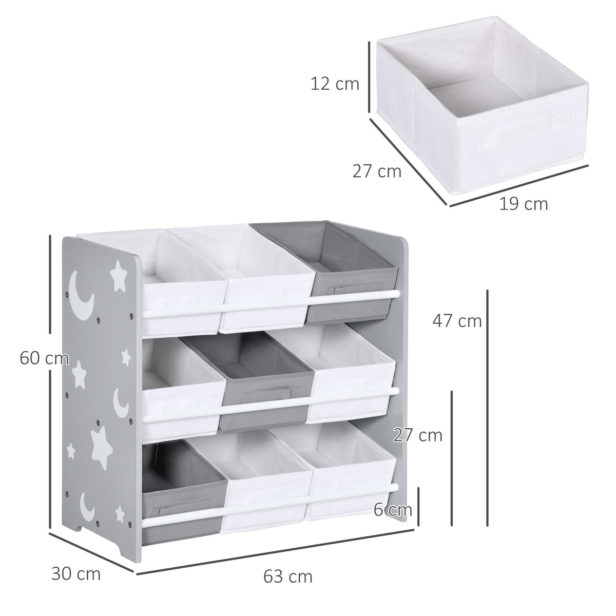 The grey kids storage rack with dimensions shown and a close-up of one basket