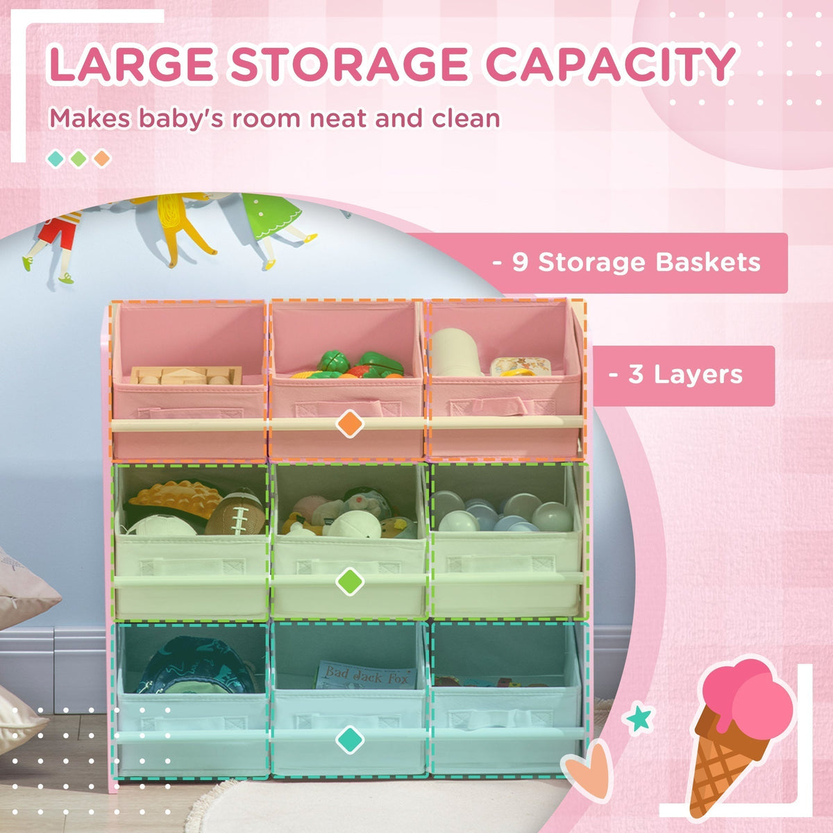 The pink kids storage rack with nine storage baskets in three layers