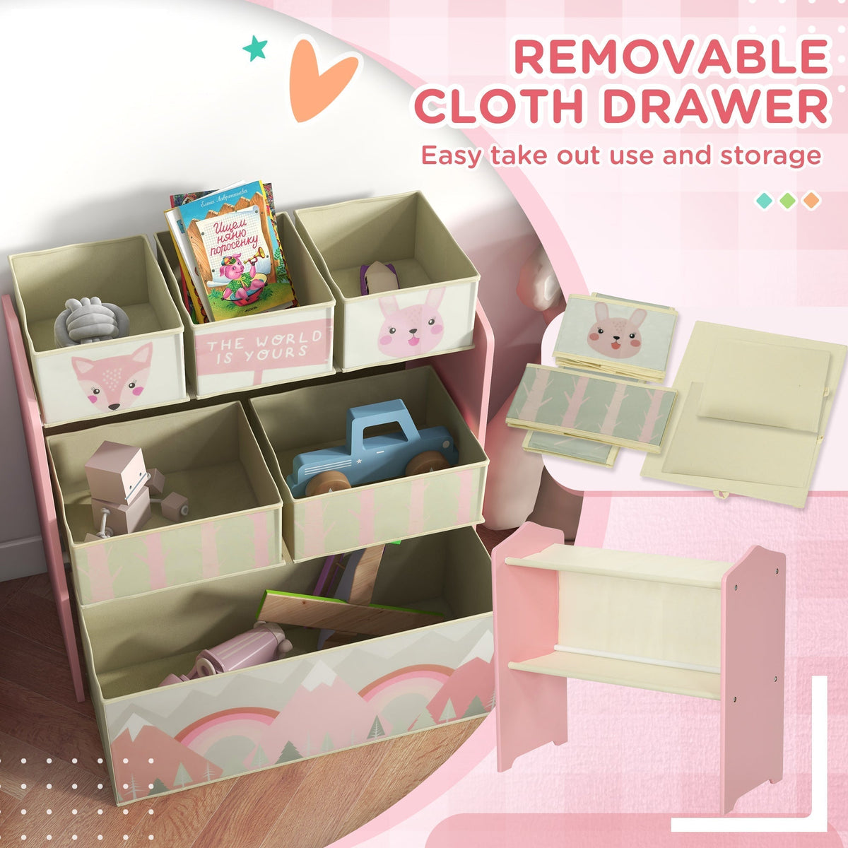 Removable cloth drawers of the pink kids storage unit shown with easy take out and storage