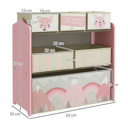 Pink kids storage unit with dimensions shown, including height, width and depth
