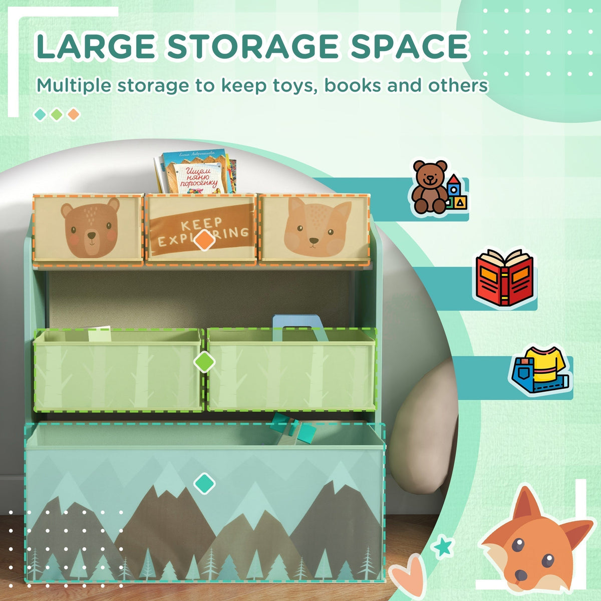 This kids storage unit offers ample space for toys and books