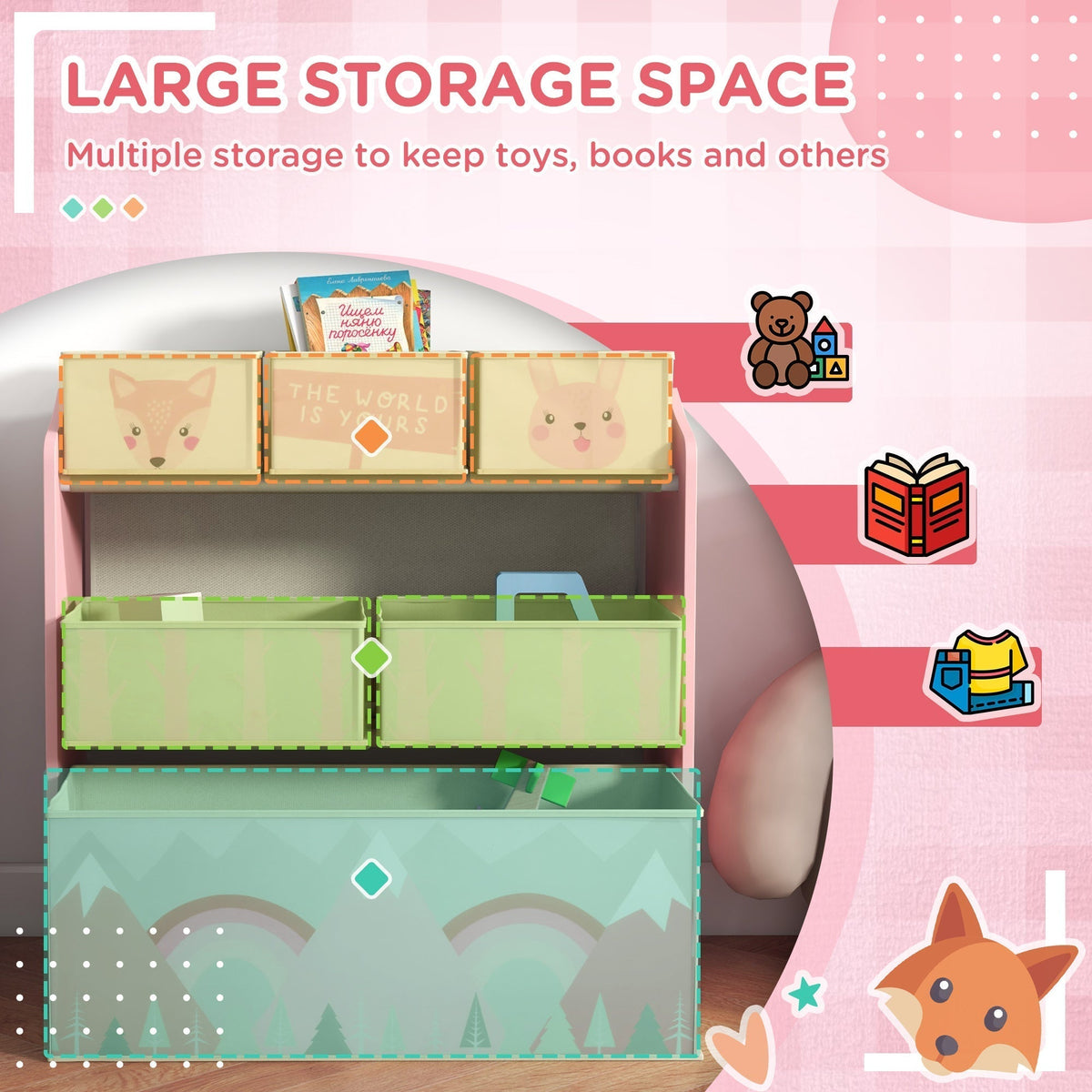 Pink kids storage organiser with large storage space for toys and books