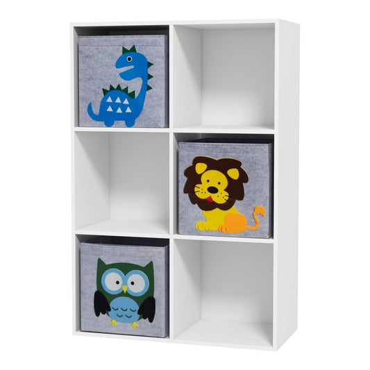 ZONEKIZ Kids Toy Box with Three Non-Woven Fabric Drawers, a white storage cabinet with six open shelves, three of which