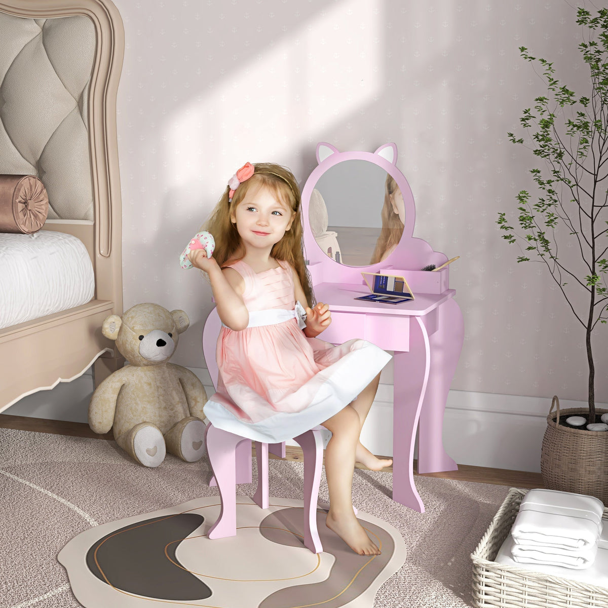 A young girl sitting on the pink dressing table stool in a bedroom setting