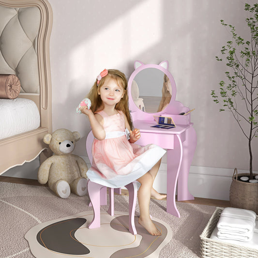 A young girl sitting on the pink dressing table stool in a bedroom setting