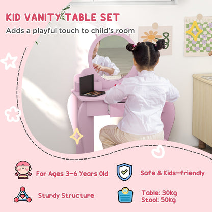 A child using the pink dressing table with text highlights about age and safety features