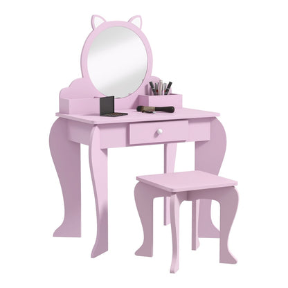ZONEKIZ Kids Vanity Table with Mirror in pink with a matching stool and storage compartments