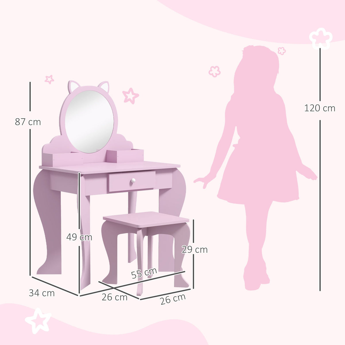 The pink dressing table set shown with height and width dimensions next to a child silhouette