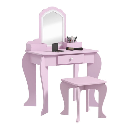 ZONEKIZ Kids Vanity Table with Mirror, Stool, Drawer, Storage Boxes, Cloud Design, for Ages 3-6 Years - Pink, front view