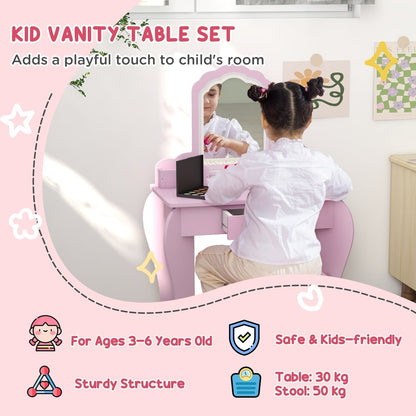 Pink dressing table set with mirror and stool, suitable for ages 3-6 years