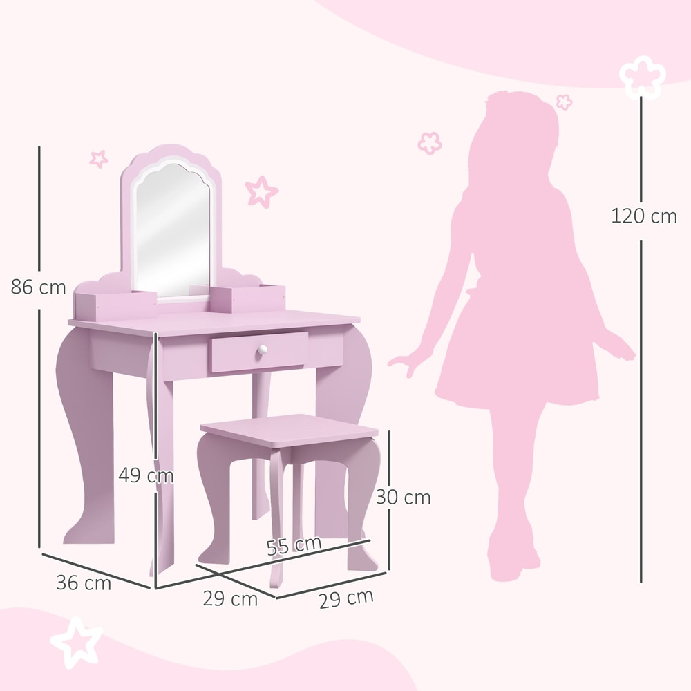 Dimensions of the pink dressing table and stool with a child silhouette for scale