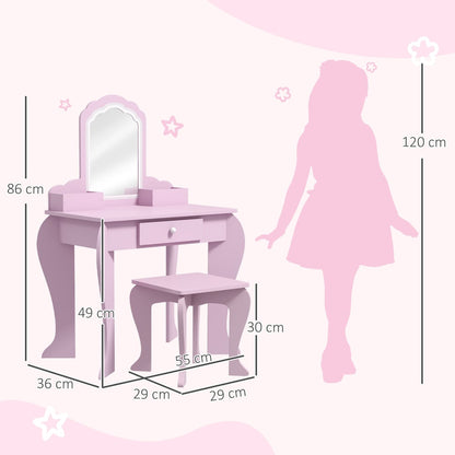 Dimensions of the pink dressing table and stool with a child silhouette for scale