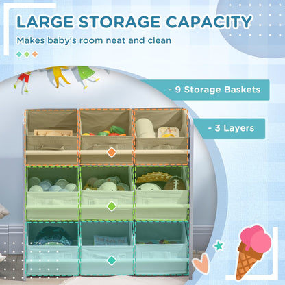 This kids storage unit has nine baskets arranged in three layers for large storage capacity