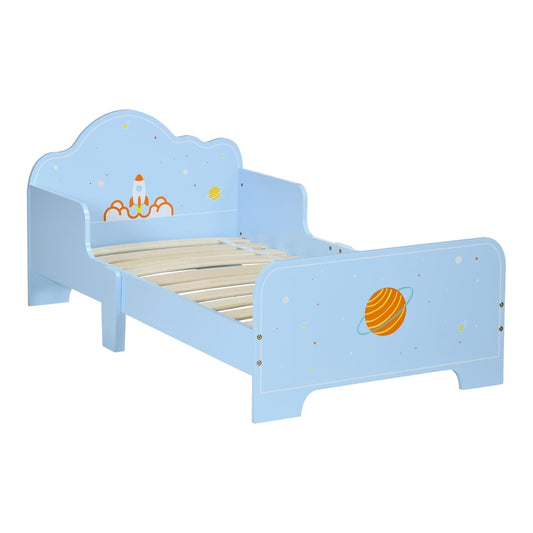 ZONEKIZ Space Themed Toddler Bed, a blue kids bed with rocket and planet designs