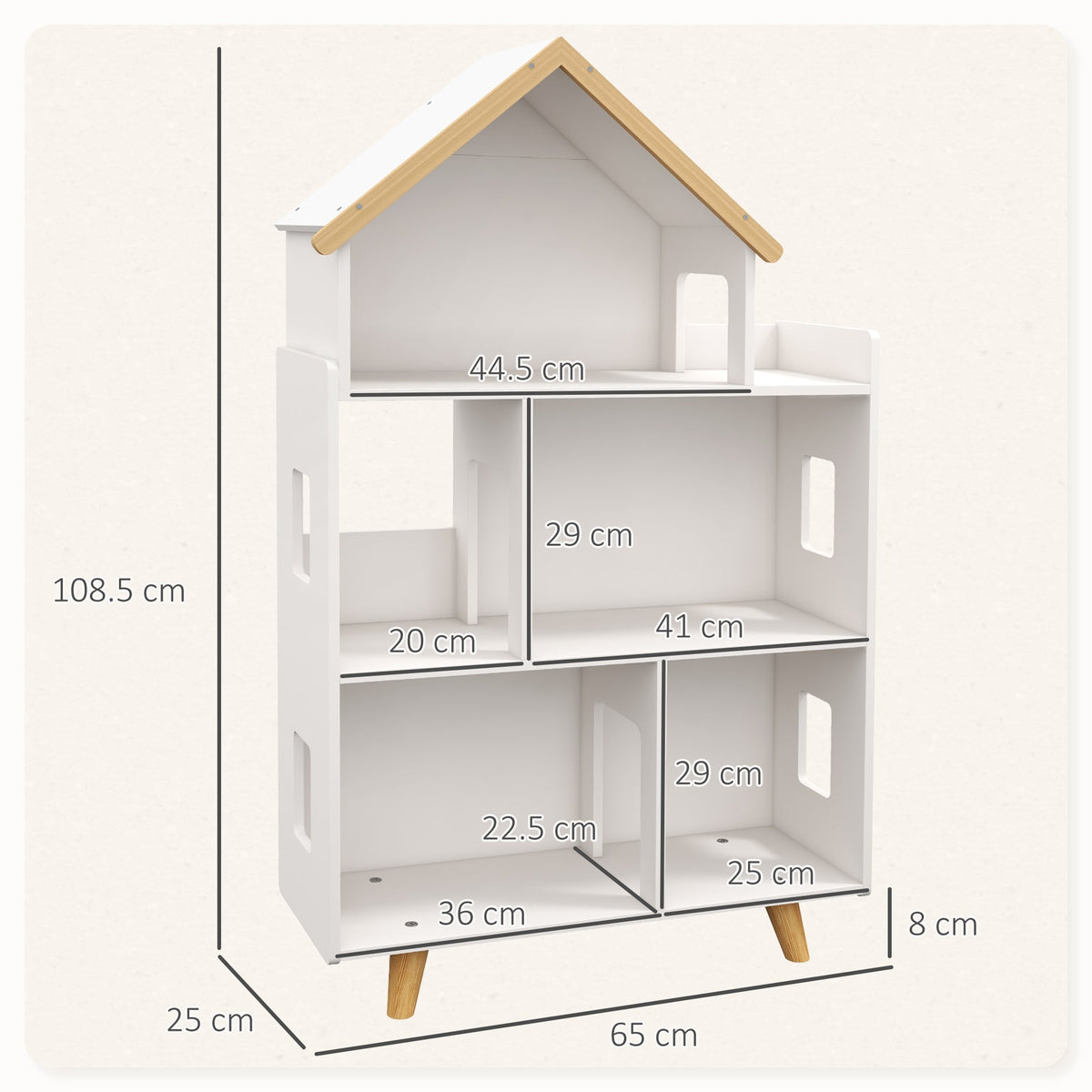 The kids storage unit showing various dimensions with lines and labels on a plain background