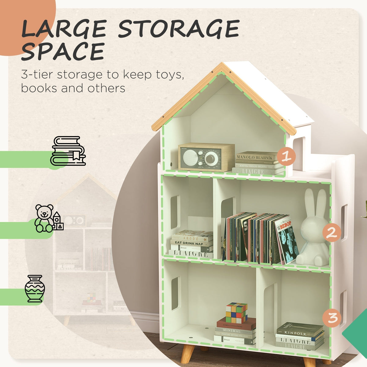 The kids storage unit highlighting the three levels of shelving space for books and toys