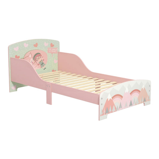 ZONEKIZ Toddler Bed Frame in pink with mountain and heart graphics, suitable for children aged 3-6 years