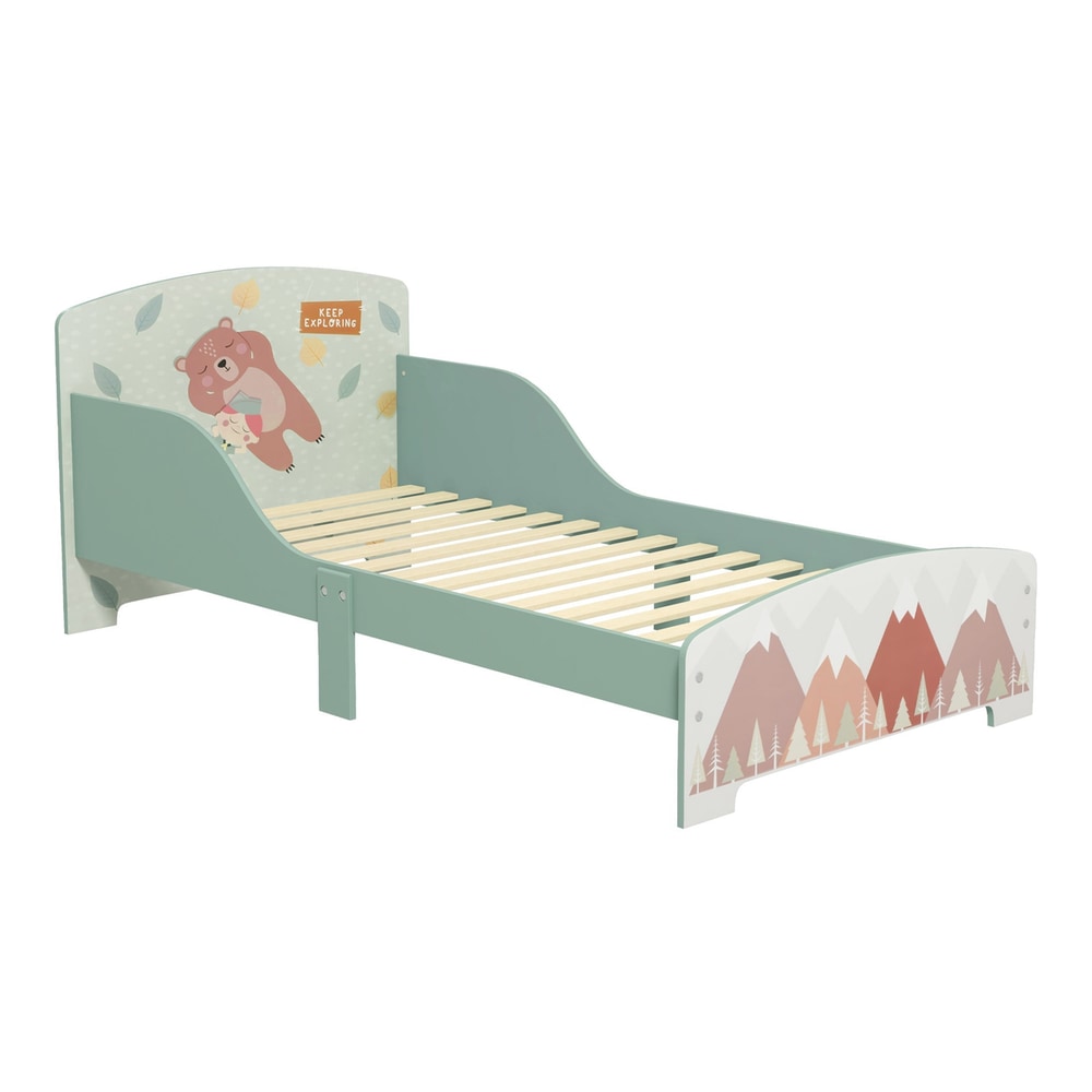 ZONEKIZ Toddler Bed Frame in green with a bear headboard and mountain footboard design