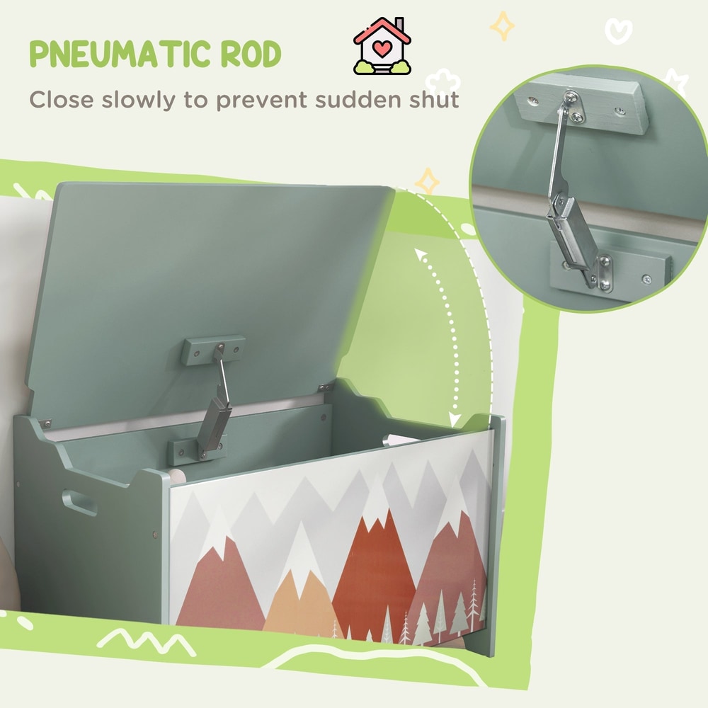 Close-up of the pneumatic rod mechanism on the green kids storage chest lid