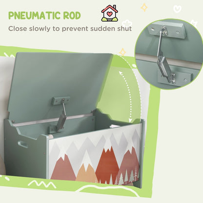 Close-up of the pneumatic rod mechanism on the green kids storage chest lid