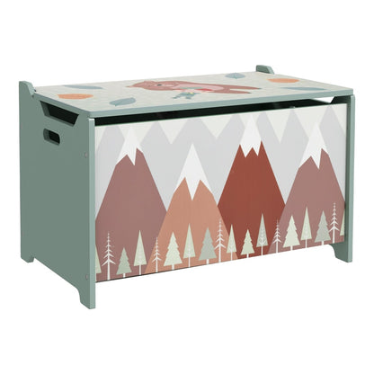 ZONEKIZ Toy Box, a green kids storage chest with a mountain and forest design