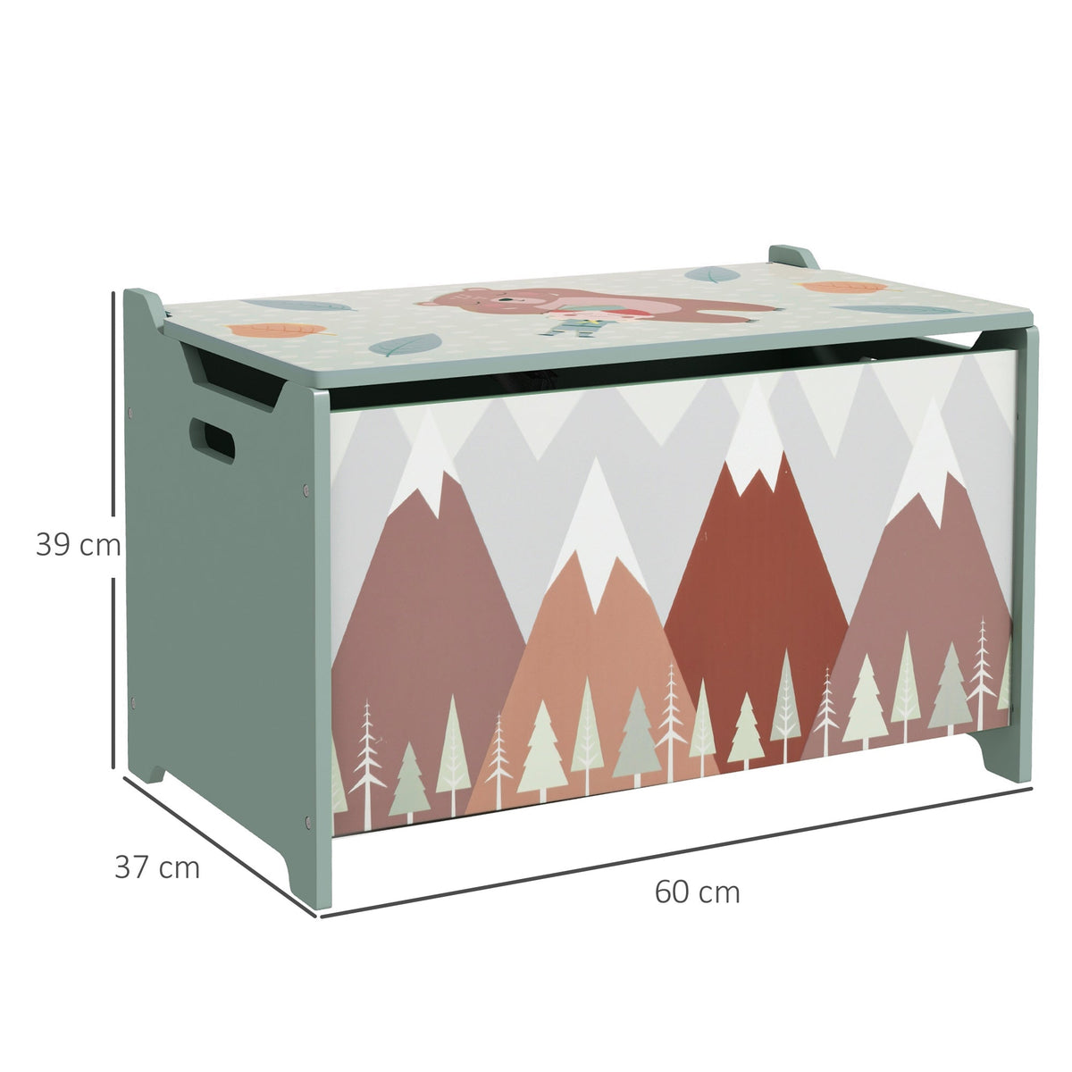 A green kids storage chest with dimensions shown in centimetres