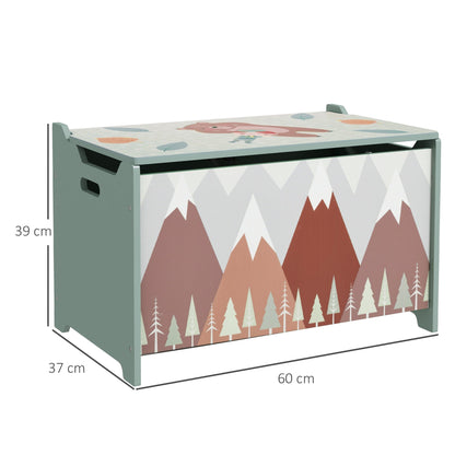 A green kids storage chest with dimensions shown in centimetres