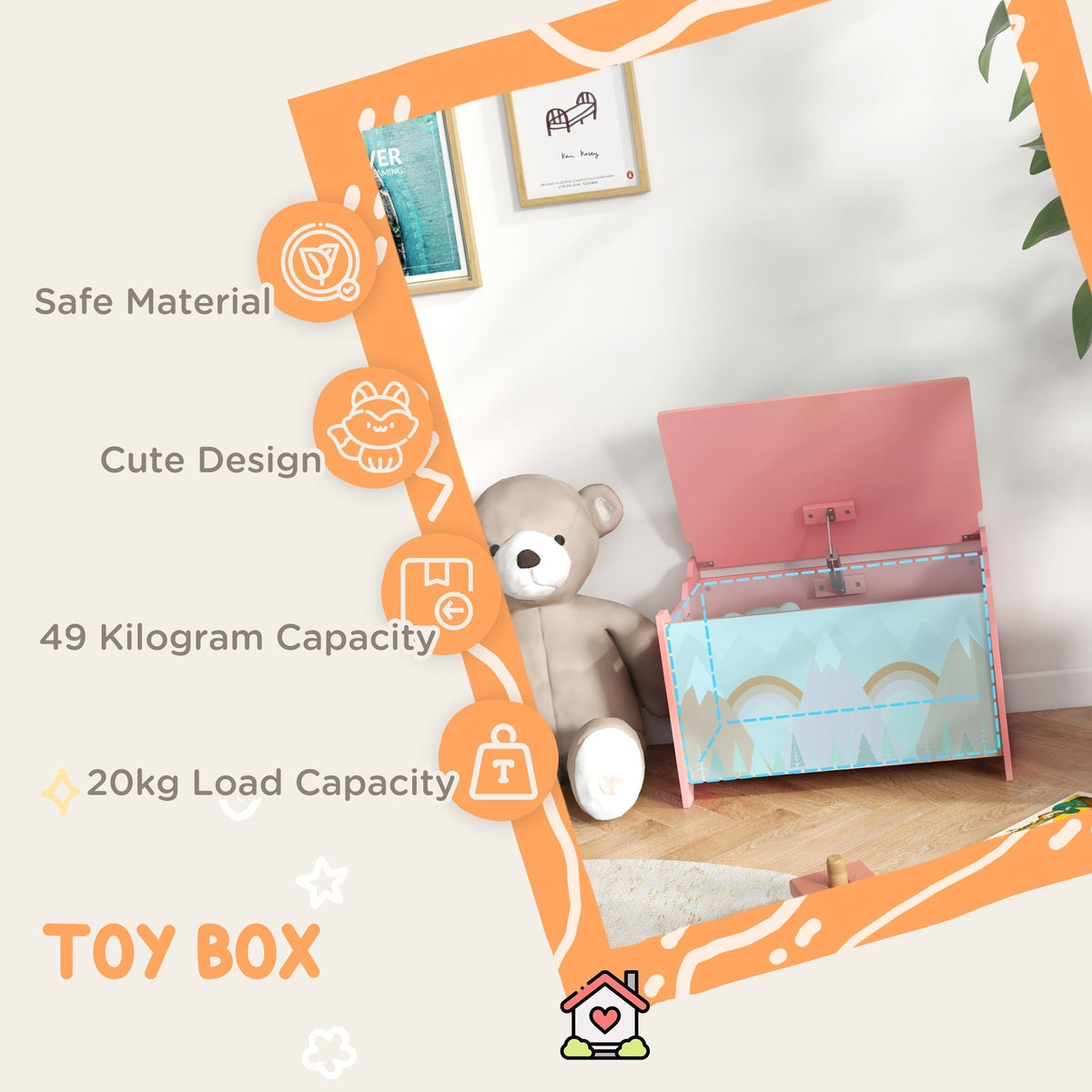 A pink kids storage chest with text about safe material and load capacity