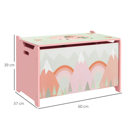 The pink kids storage chest has a lid and is decorated with mountains and rainbows